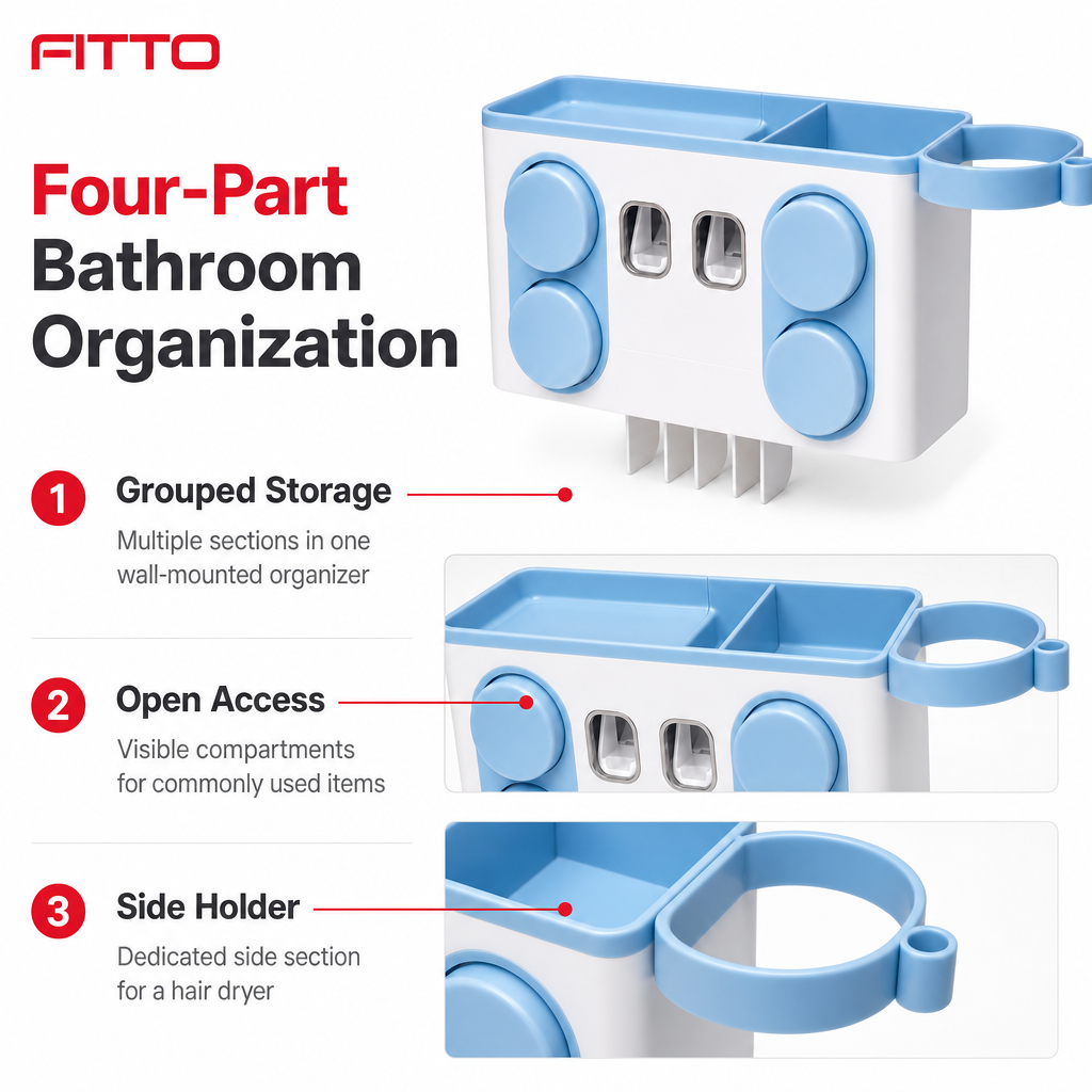 48 Pieces Bathroom Organizers (4-in-1 Wall-Mounted Storage Holder – White and Blue – 1 Set)