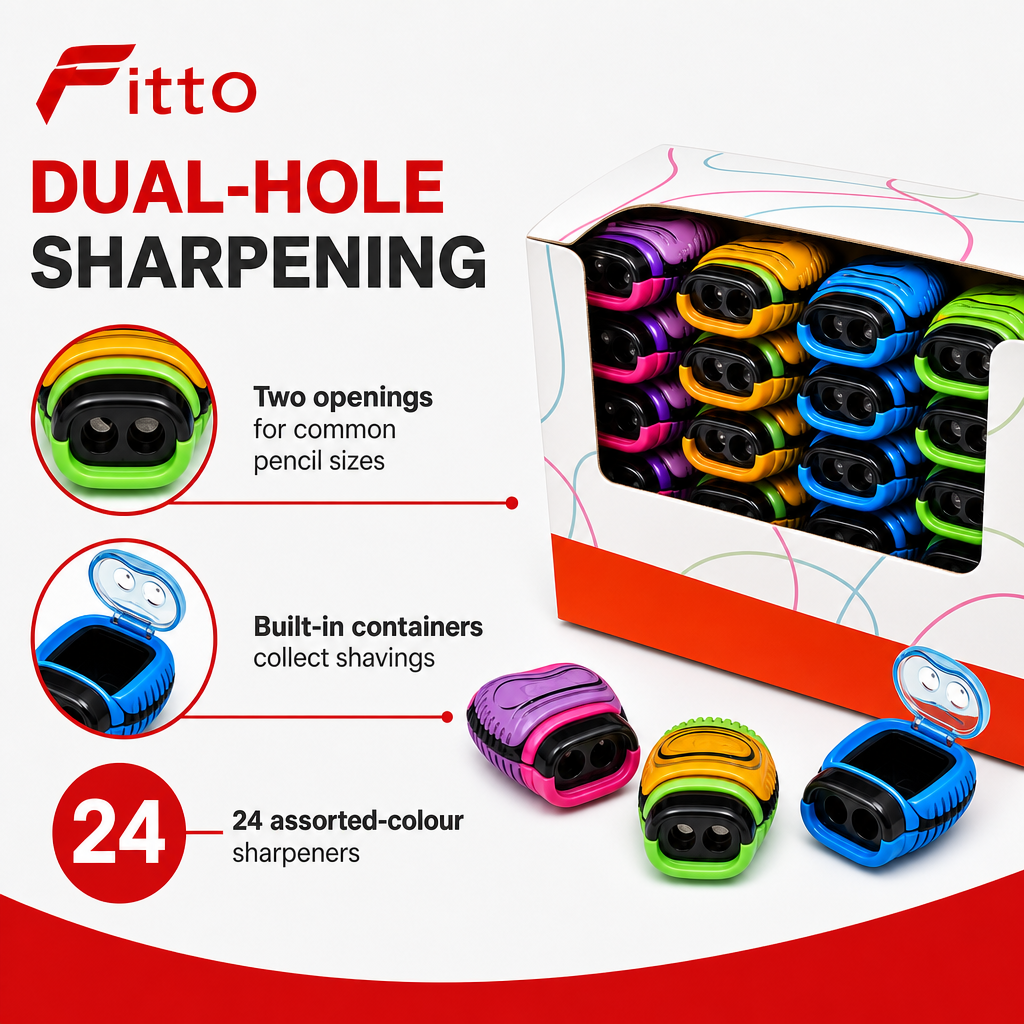 72 Pieces Dual-Hole Pencil Sharpeners with Shavings Containers (Assorted Colors – Box of 24)