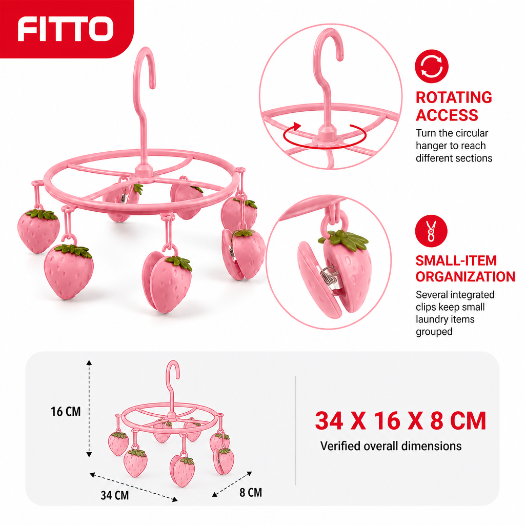 96 Pieces Rotating Strawberry Sock-Drying Hangers with Multiple Clips (Pink34 x 16 x 8 cm)