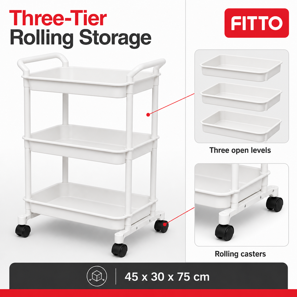 72 Pieces 3-Tier Rolling Storage Carts (White Utility Organizer with Casters45 x 30 x 75 cm)