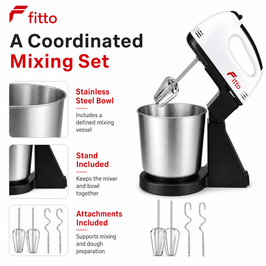 60 Pieces Hand Mixers With Stand (Stainless Steel Bowl And Attachments – 1 Set)