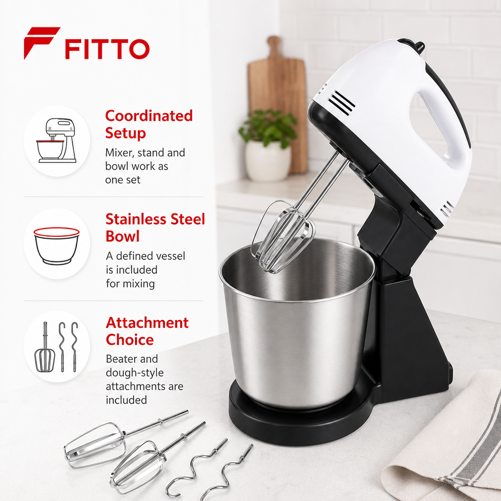 60 Pieces Hand Mixers With Stand (Stainless Steel Bowl And Attachments – 1 Set)