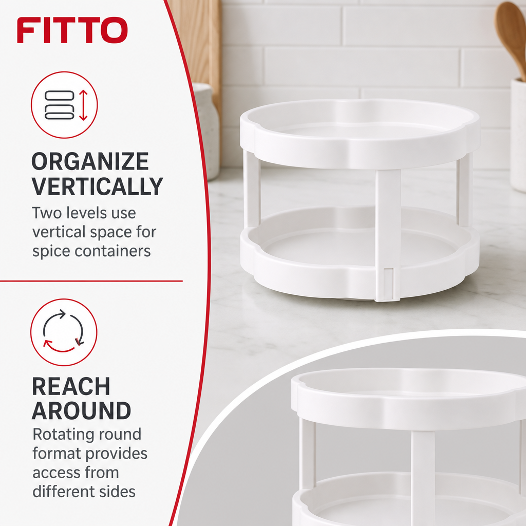 96 Pieces White 2-Tier Rotating Spice Organizers (Round Kitchen Counter Rack – 28 x 28 x 31 cm)