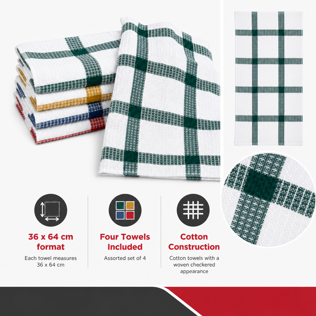 96 Pieces Assorted Kitchen Tea Towels (4-Piece Set – 36 x 64 cm – Checkered Cotton Dish Towels)