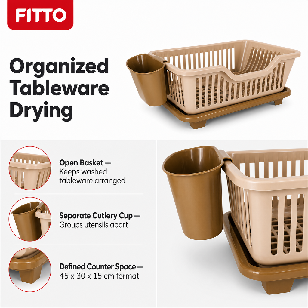 96 Pieces Dish-Drying Baskets with Cutlery Holder (Beige Plastic – 45 x 30 x 15 cm)