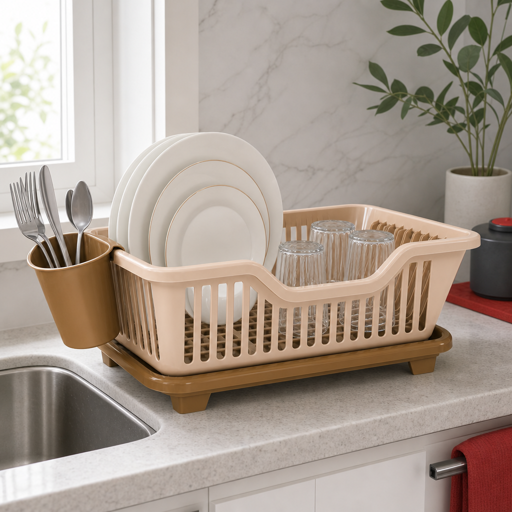 96 Pieces Dish-Drying Baskets with Cutlery Holder (Beige Plastic – 45 x 30 x 15 cm)
