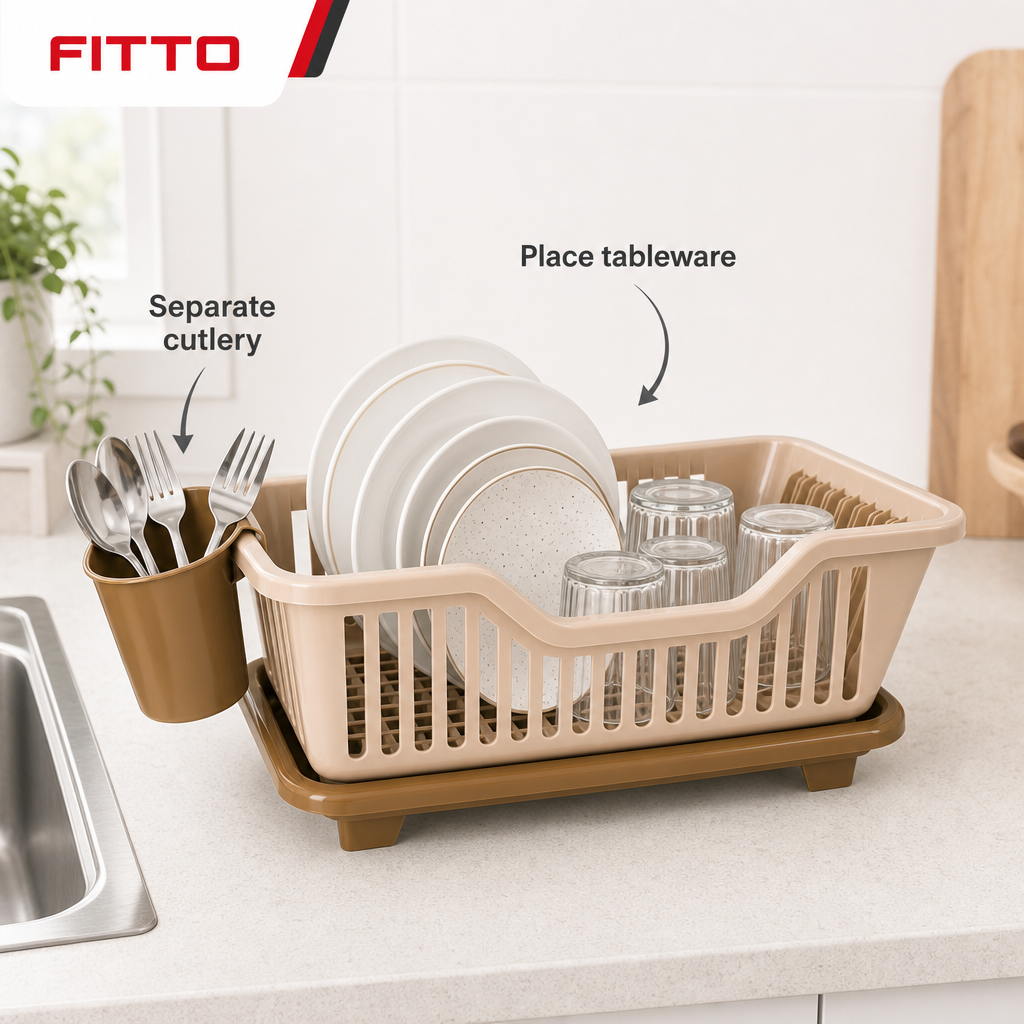 96 Pieces Dish-Drying Baskets with Cutlery Holder (Beige Plastic – 45 x 30 x 15 cm)