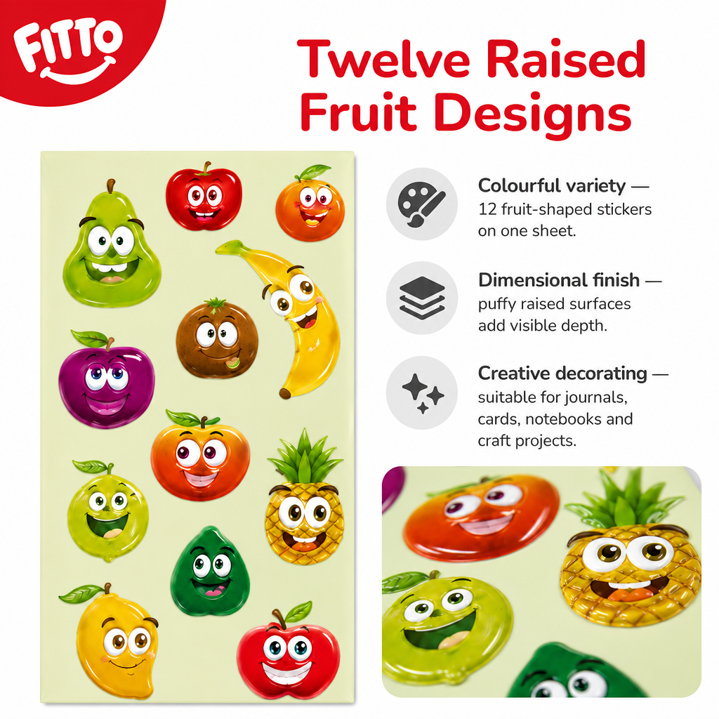 240 Pieces 3D Puffy Fruit Stickers (12 Pieces – Raised Decorative Decals for Crafts – Journals and Stationery)