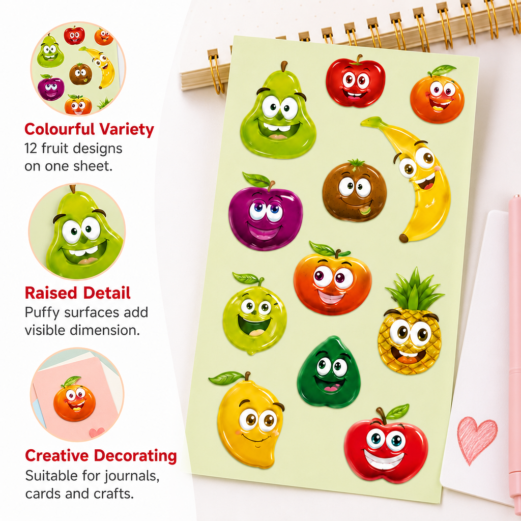 240 Pieces 3D Puffy Fruit Stickers (12 Pieces – Raised Decorative Decals for Crafts – Journals and Stationery)