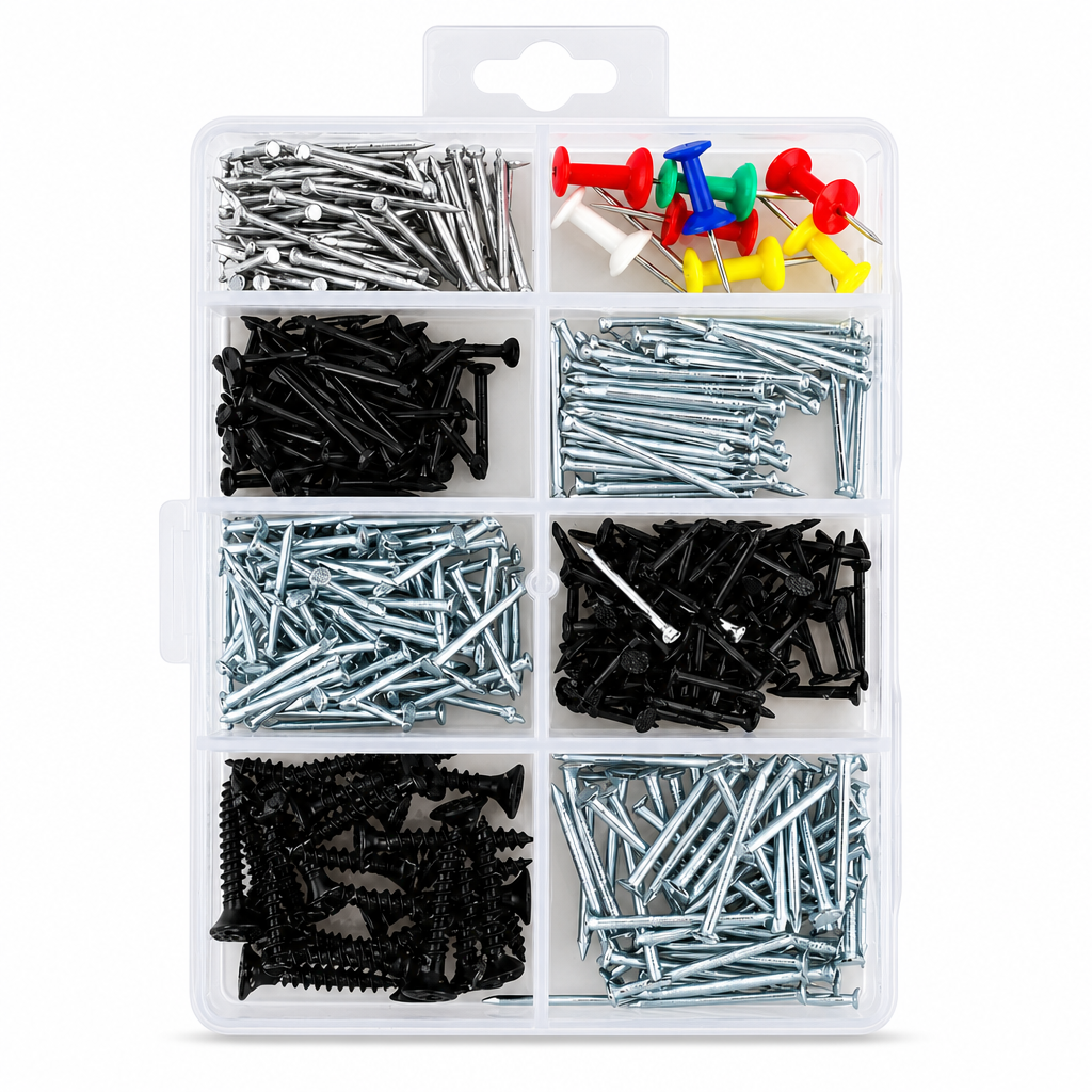 120 Pieces Assorted Hardware Fastener Kits (8-Compartment Organizer Box with Nails – Screws and Push Pins – 1 Set)
