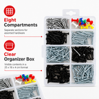 120 Pieces Assorted Hardware Fastener Kits (8-Compartment Organizer Box with Nails – Screws and Push Pins – 1 Set)