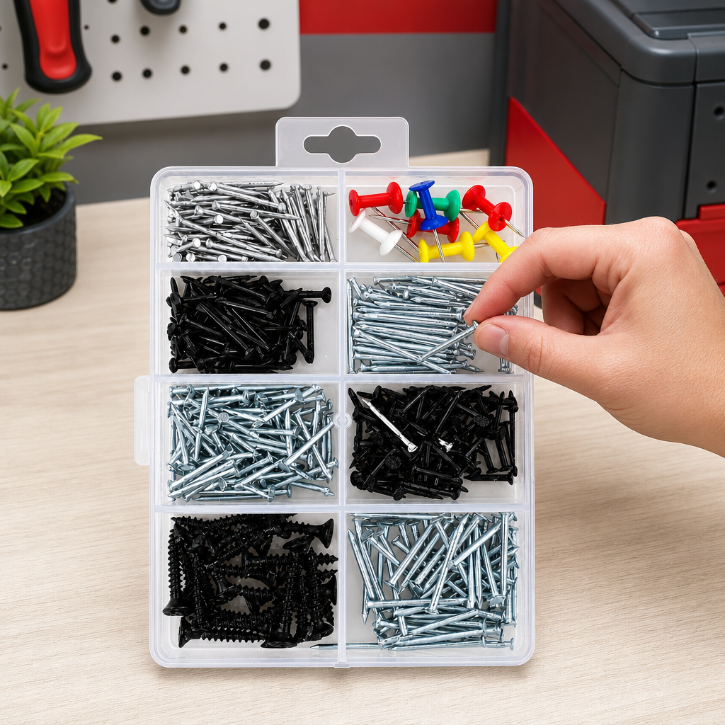 120 Pieces Assorted Hardware Fastener Kits (8-Compartment Organizer Box with Nails – Screws and Push Pins – 1 Set)