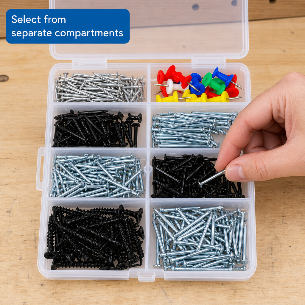 120 Pieces Assorted Hardware Fastener Kits (8-Compartment Organizer Box with Nails – Screws and Push Pins – 1 Set)