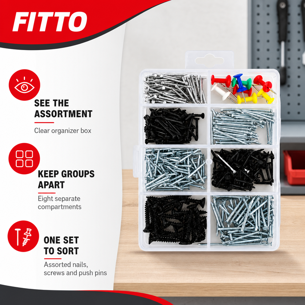 120 Pieces Assorted Hardware Fastener Kits (8-Compartment Organizer Box with Nails – Screws and Push Pins – 1 Set)