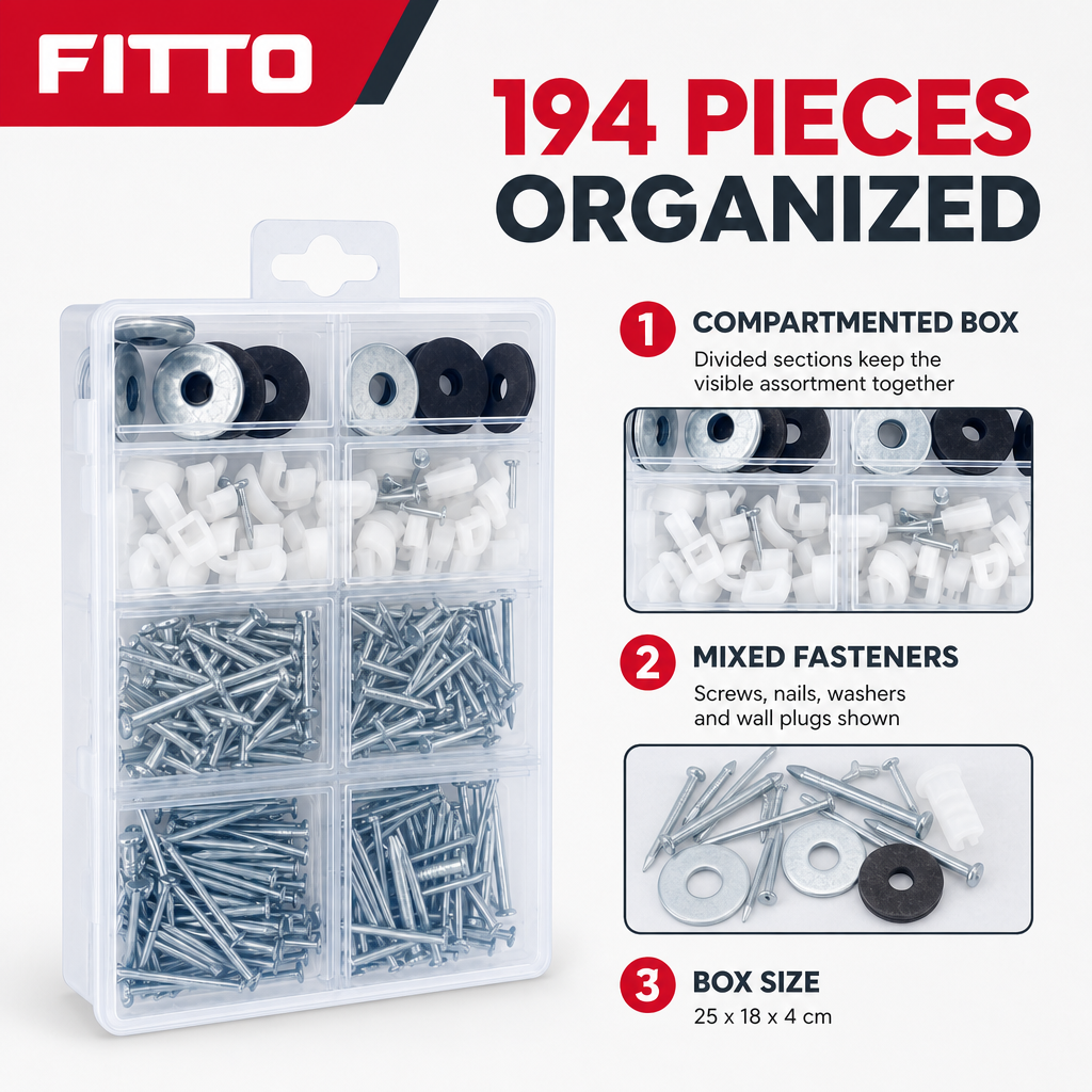 120 Pieces Hardware Fastener Sets (194 Pieces – Assorted Screws – Nails – Washers and Wall Plugs in Organizer Box)