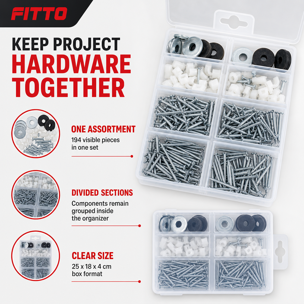 120 Pieces Hardware Fastener Sets (194 Pieces – Assorted Screws – Nails – Washers and Wall Plugs in Organizer Box)