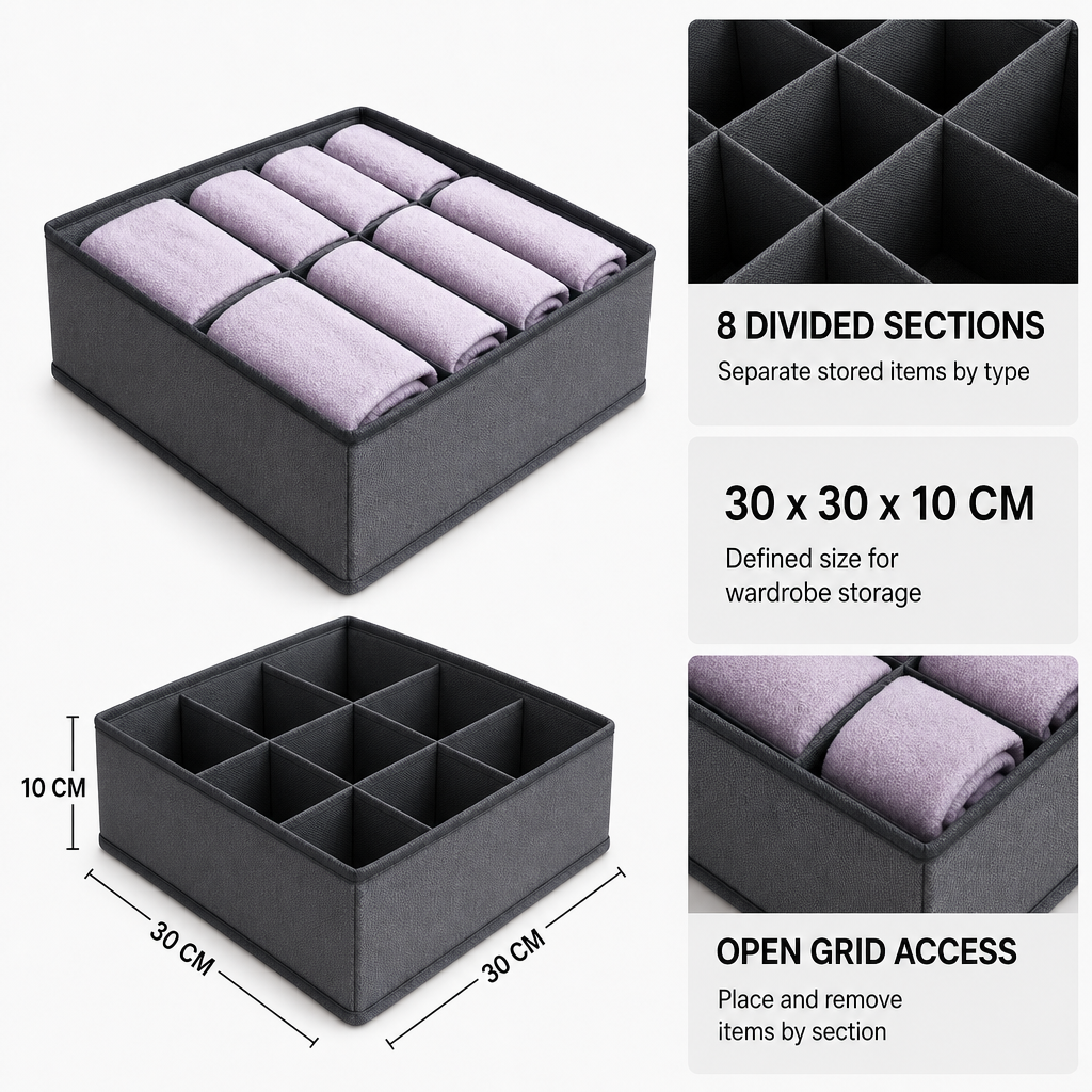 120 Pieces Wardrobe Organizer Boxes (8-Grid Clothing Divider – Grey – 30 x 30 x 10 cm)