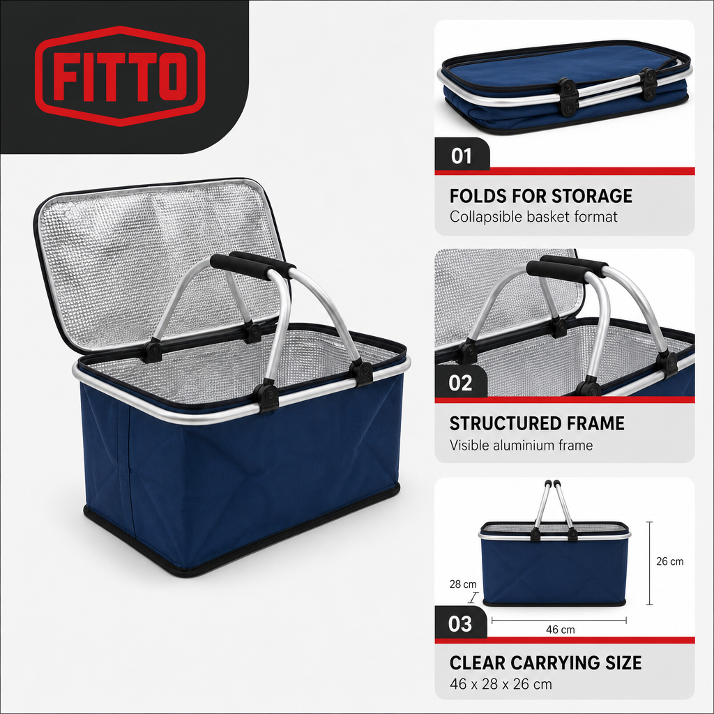 72 Pieces Foldable Picnic Baskets with Aluminium Frame (Portable Outdoor Food Carrier – 46 x 28 x 26 cm)