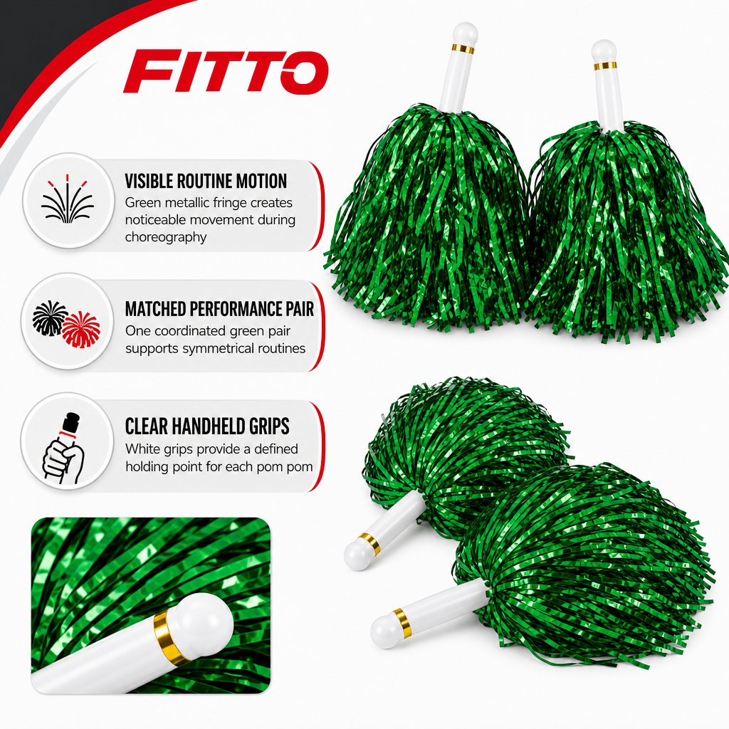 240 Pieces Green Cheerleading Pom Poms (1 Pair – Handheld Metallic Fringe for Performances and Team Routines)