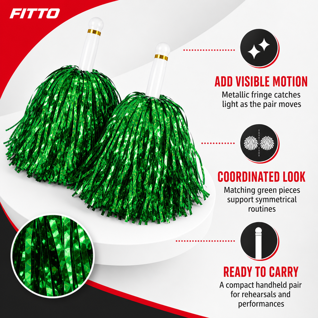 240 Pieces Green Cheerleading Pom Poms (1 Pair – Handheld Metallic Fringe for Performances and Team Routines)