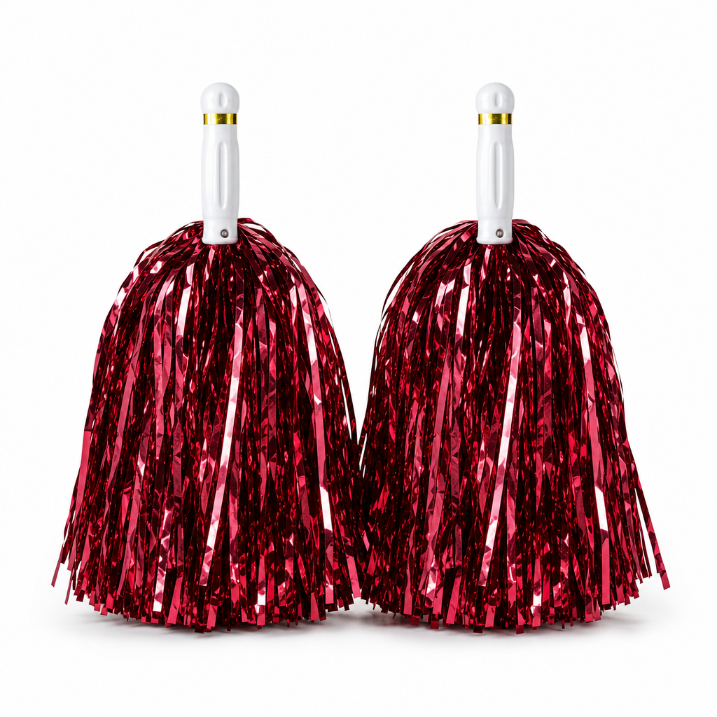 240 Pieces Red Cheerleading Pom Poms (1 Pair with White Handles and Metallic Streamers)