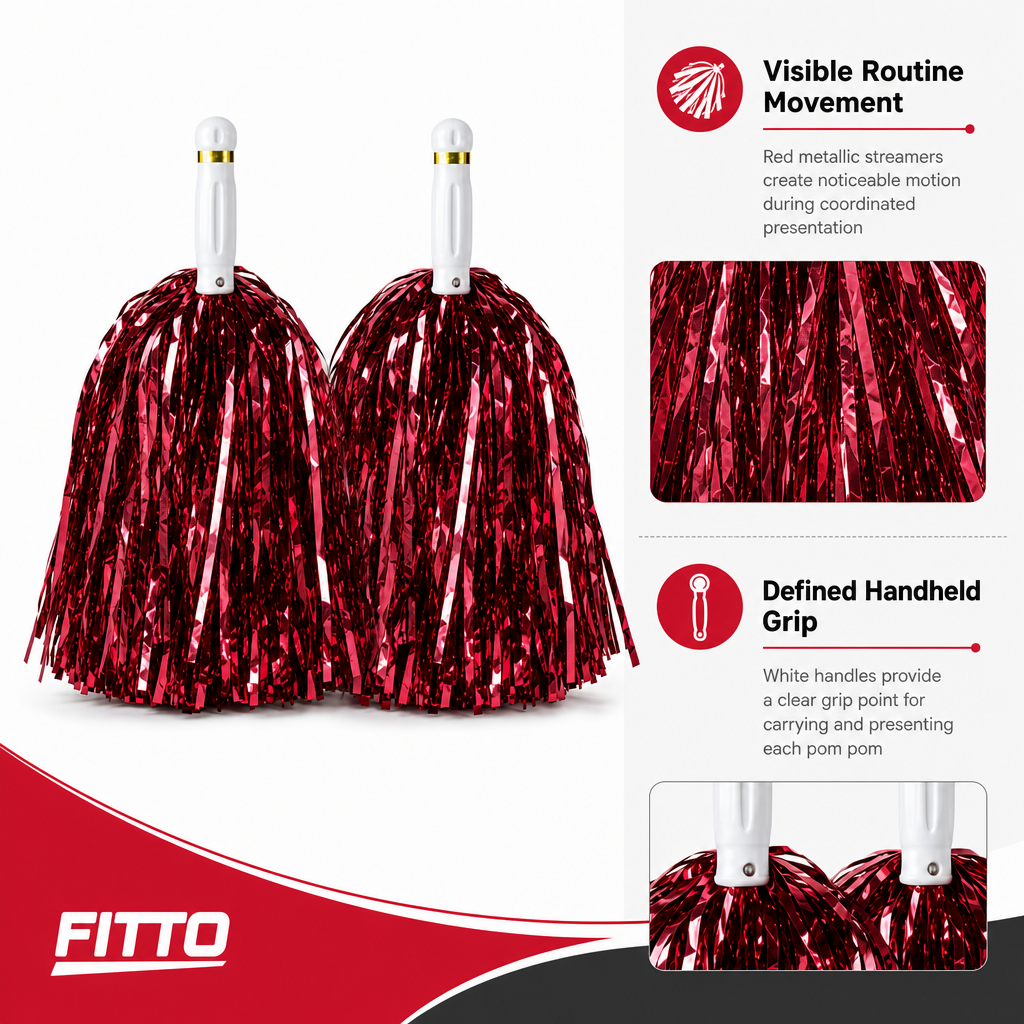 240 Pieces Red Cheerleading Pom Poms (1 Pair with White Handles and Metallic Streamers)