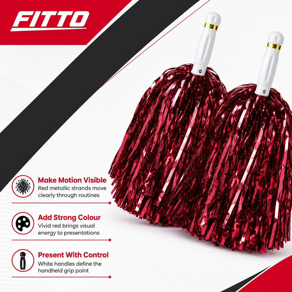 240 Pieces Red Cheerleading Pom Poms (1 Pair with White Handles and Metallic Streamers)