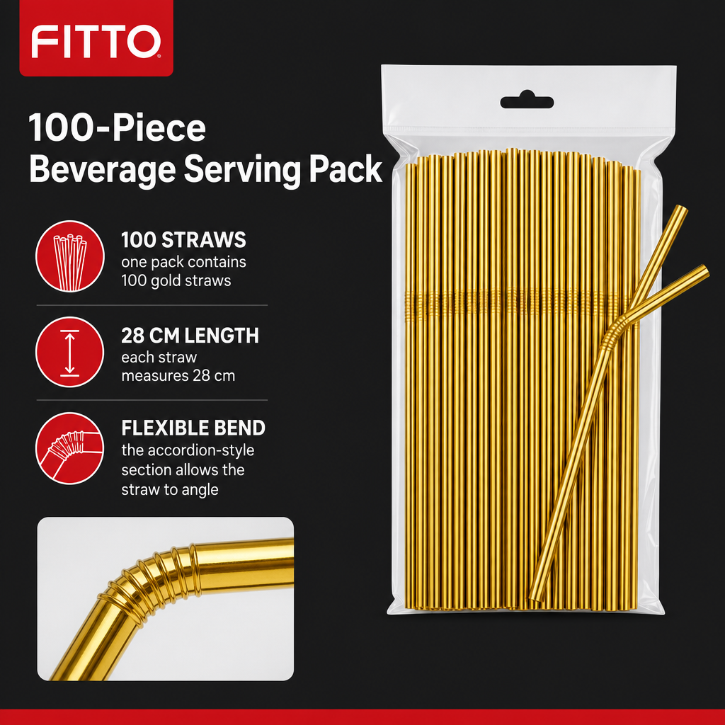 144 Pieces Gold Flexible Drinking Straws (100 Pieces – 28 cm Bendable Beverage Straws)