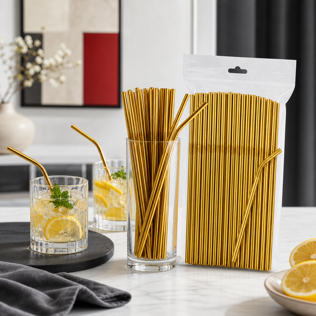 144 Pieces Gold Flexible Drinking Straws (100 Pieces – 28 cm Bendable Beverage Straws)
