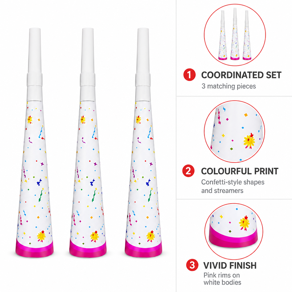 144 Pieces Confetti Print Party Horns (3 Pieces – Colourful Celebration Table Accessories)