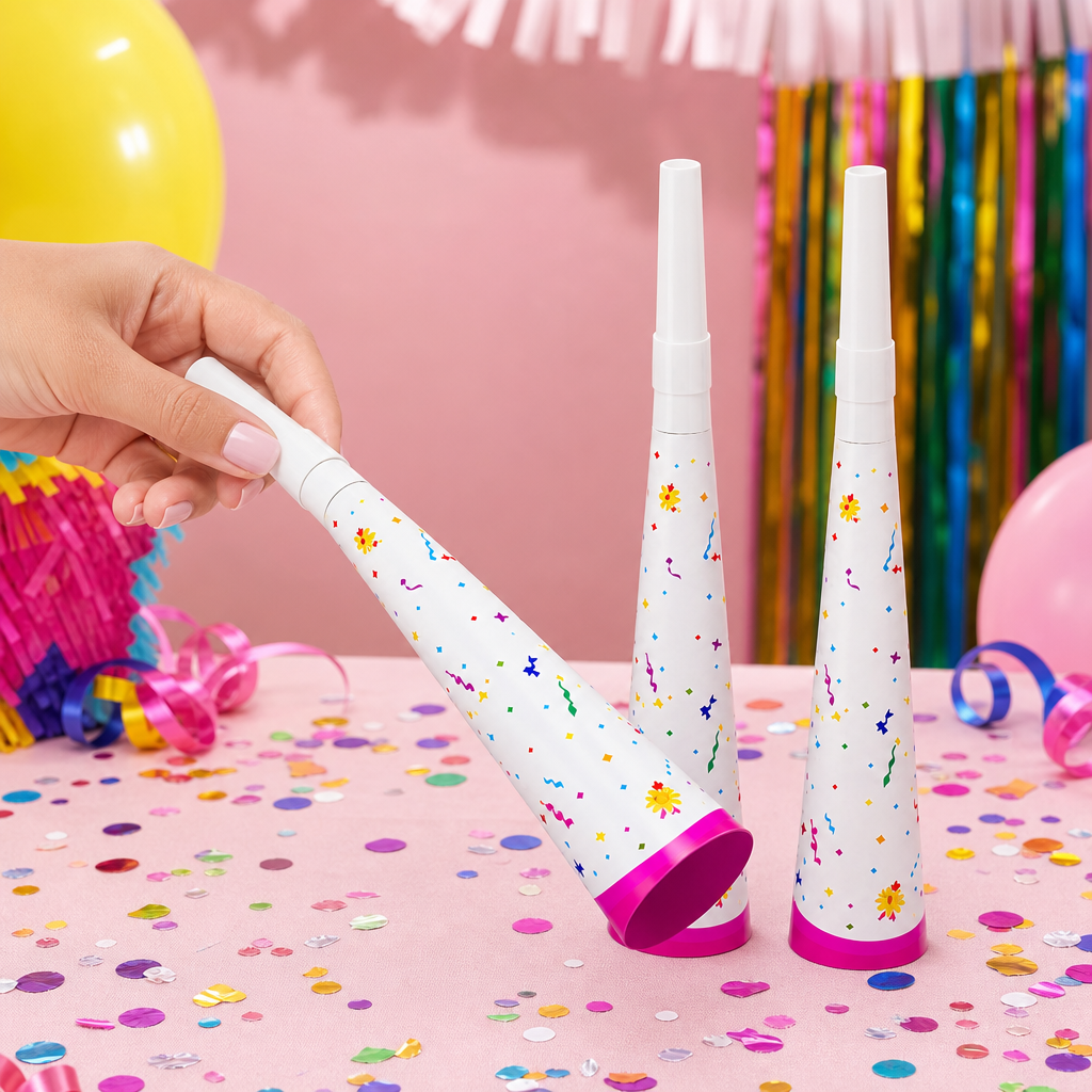 144 Pieces Confetti Print Party Horns (3 Pieces – Colourful Celebration Table Accessories)