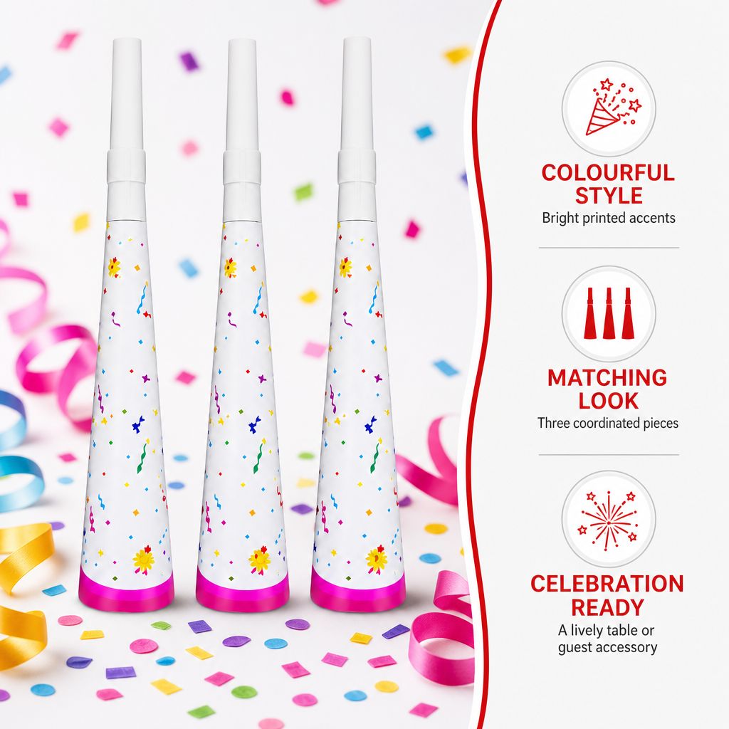 144 Pieces Confetti Print Party Horns (3 Pieces – Colourful Celebration Table Accessories)