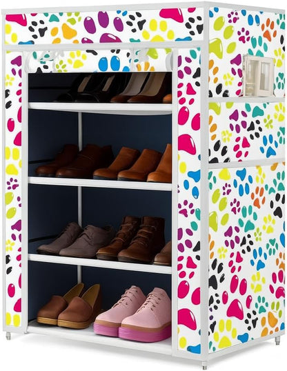 Printed Shoe Rack Multipurpose Collapsible Storage Organizer - 4 Shelves, 1 Side Pocket, Non-Woven Fabric Cabinet (4L-1 Dog Blue)