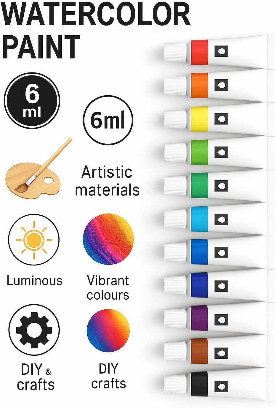 96 Pieces 12pcs (6ml Water Color Paint Set – 12 Vibrant Colors for Arts – Crafts & DIY)
