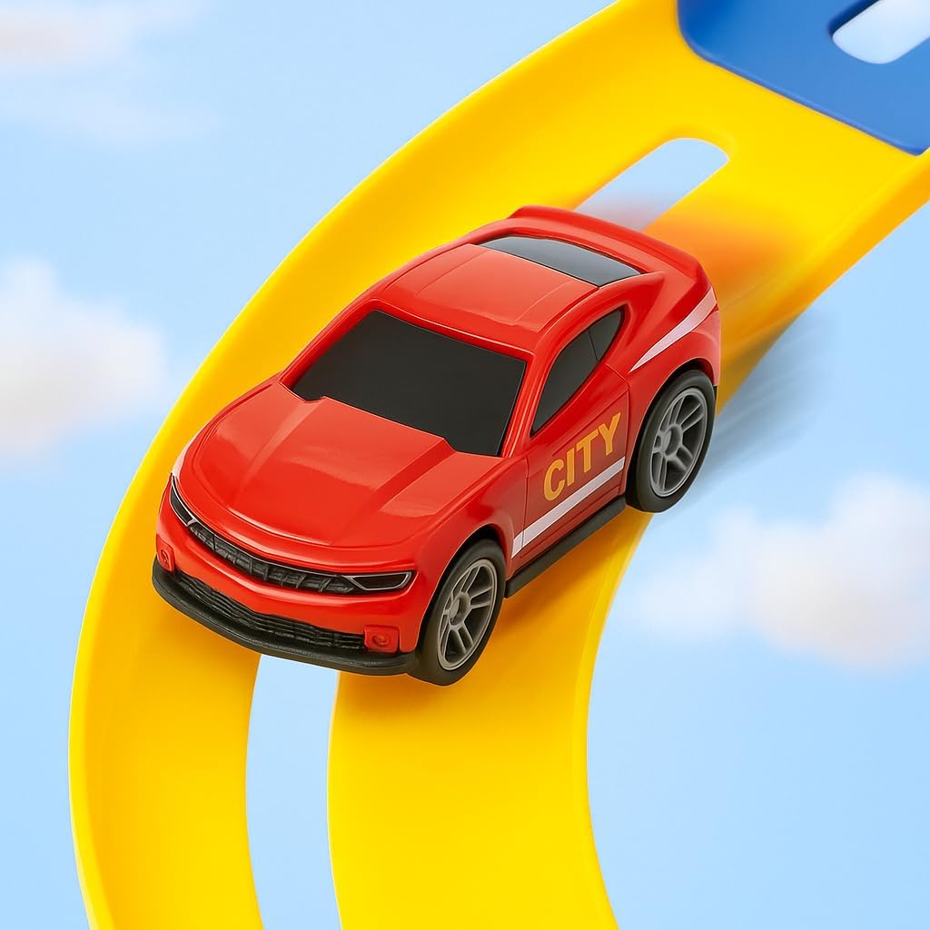 Adventure Rollo Coaster Theme Park Playset with Car Crane, Slide, Stunt Loop, and 4 Die Cast Cars