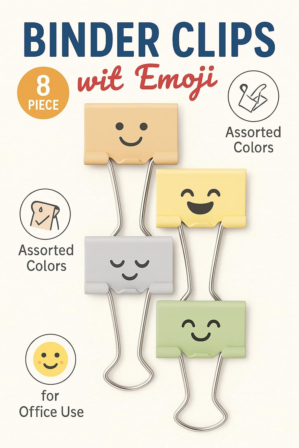 120 Pieces 8 Pieces (19mm Binder Clips with Emoji Assorted Colors for Office Use)