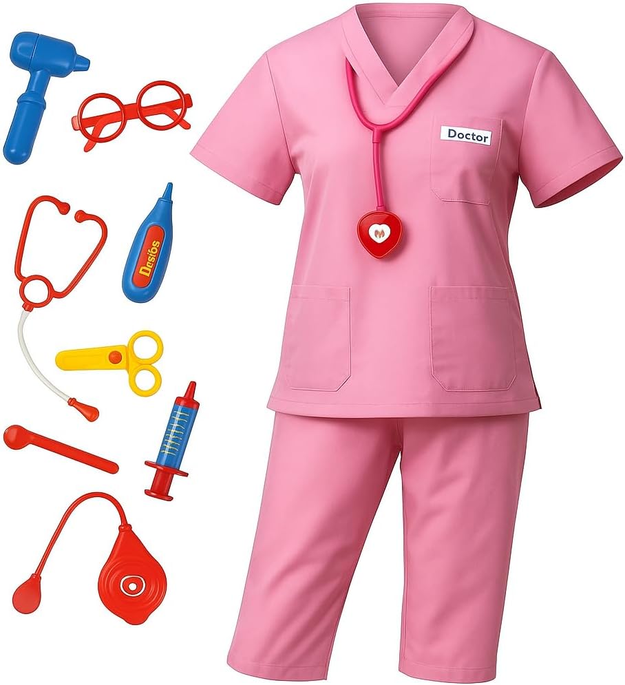 Doctor and Nurse Pink Scrubs Costume Set - Complete Outfit with Hat, Top, Pants, and Glasses - Perfect for Medical-Themed Parties and Halloween