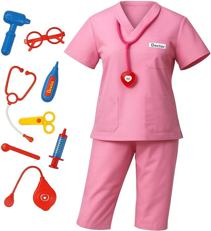 Doctor and Nurse Pink Scrubs Costume Set - Complete Outfit with Hat, Top, Pants, and Glasses - Perfect for Medical-Themed Parties and Halloween