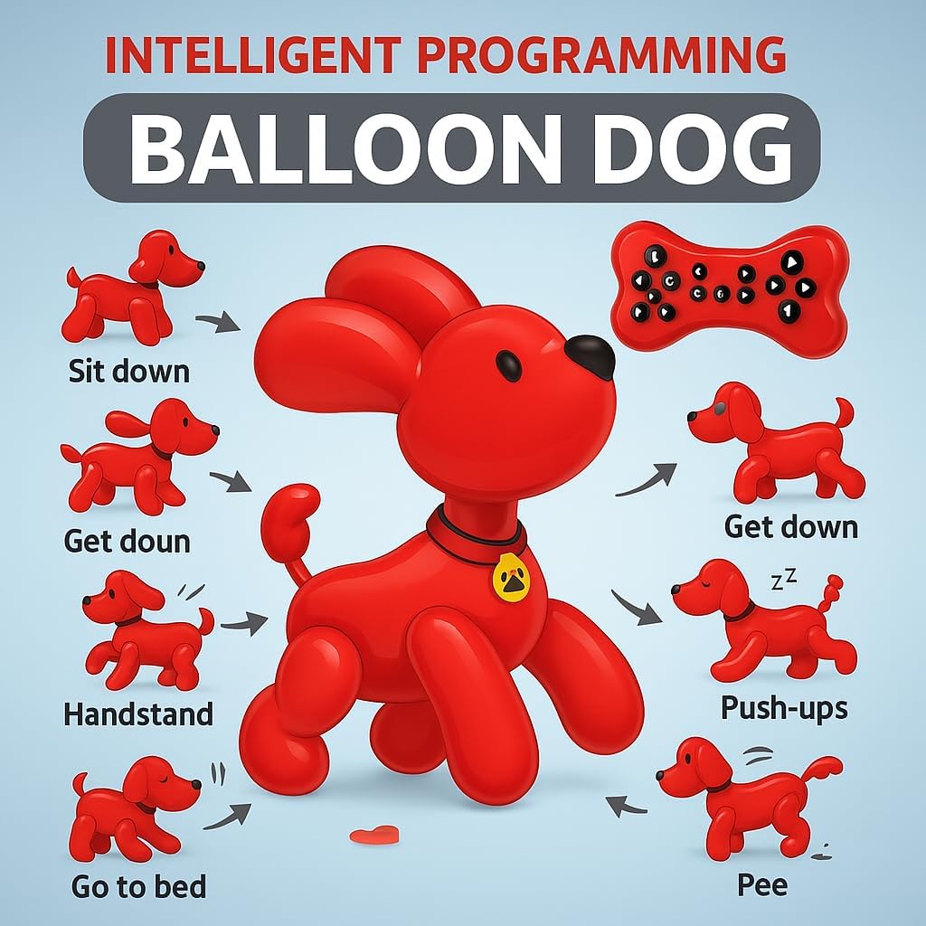 Interactive Remote Control Balloon Dog Toy - Rechargeable, Music, Dancing & Stunt Capabilities, Red