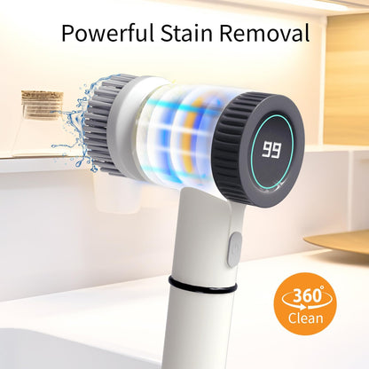 Electronic Cleaning Brush for Bathroom & Kitchen | LED Display, 5 Brush Heads, 3 Cleaning Modes | Powerful Scrubber for Tough Stains | Multipurpose Cordless Cleaner for Home Surfaces