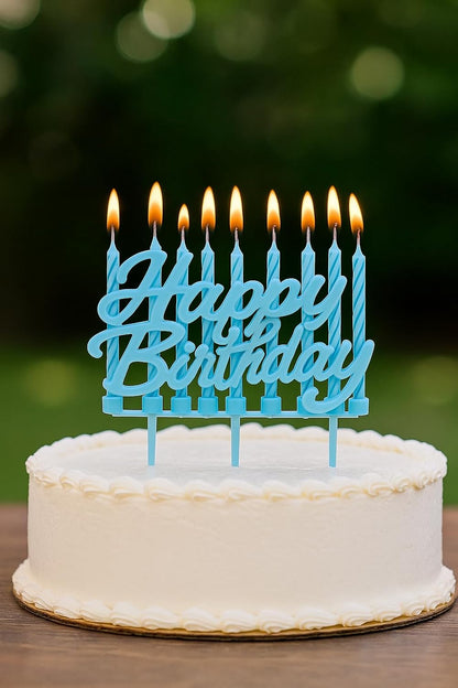 24 Blue Happy Birthday Cake Candles in Holders – Birthday Party Cake Decor, Cake Candles, UAE Party Supplies, Arab Emirates