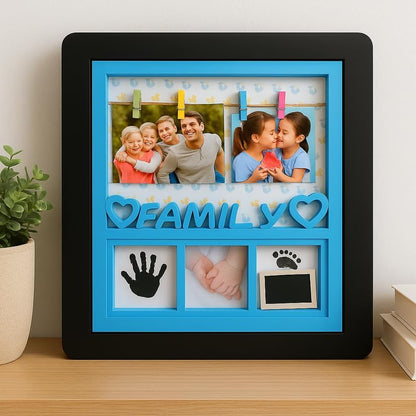 Baby Boy Photo Frame with Black Frame and Blue Border, 4 Photo Slots, Nursery Decor