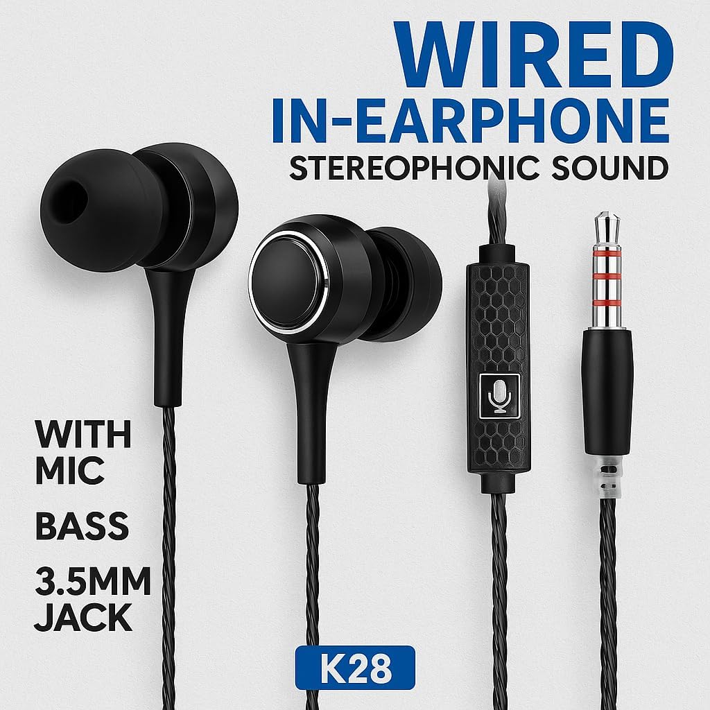 K28 Black Wired in-Earphone Stereophonic Sound With Mic, Built-in Microphone, Bass, 3.5mm Jack, Suitable For All Mobile Phones, Android & Mac Mobiles, Ear Phone, Music