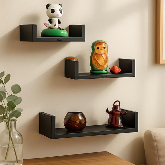C-Shape Wall Shelves Set of 3, Black Square Edge Floating Shelves