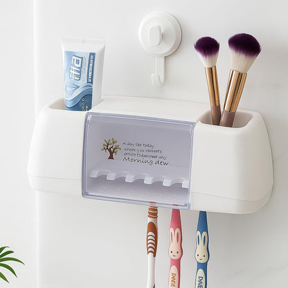 Toothbrush Holder,Bathroom Accessories, Wall-Mounted Toothpaste Holder with Dust Protection Cover, Drain Holes, Suction Hook, Multifunctional Bathroom Organizer