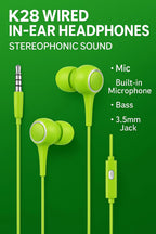 240 Pieces K28 Green Wired in-Earphones (Stereophonic Sound – Mic – Built-in Microphone – Bass – 3.5mm Jack – For All Mobile Phones – Music)