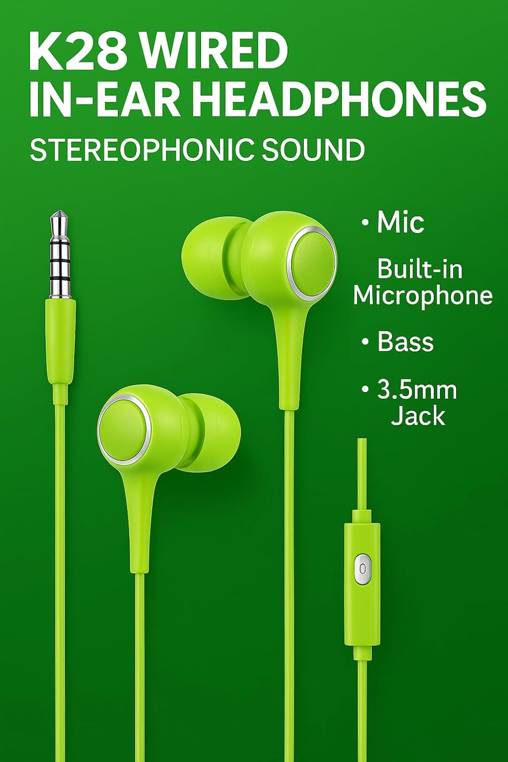 K28 Green Wired in-Earphone, Stereophonic Sound, Mic, Built-in Microphone, Bass, 3.5mm Jack, For All Mobile Phones, Music