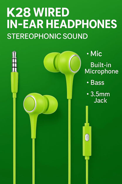 K28 Green Wired in-Earphone, Stereophonic Sound, Mic, Built-in Microphone, Bass, 3.5mm Jack, For All Mobile Phones, Music