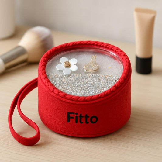 Small Round Wool Makeup Bag with Handle - Red Portable Makeup Organizer for Travel and Everyday Use
