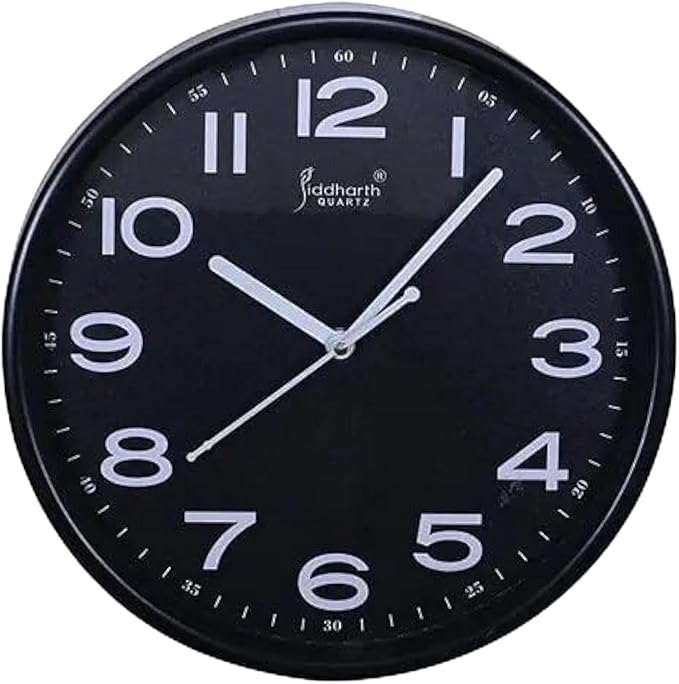 FITTO Sleek Black 25cm Round Wall Clock for Living Room, Bedroom, Kitchen, and Office | Stylish and Minimalist Design | Silent Quartz Movement with Easy-to-Read Numbers